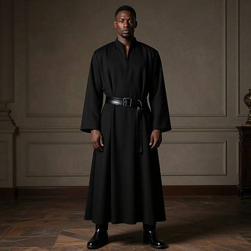 Man in Long Black Robe Coat with Leather Belt Standing Indoors