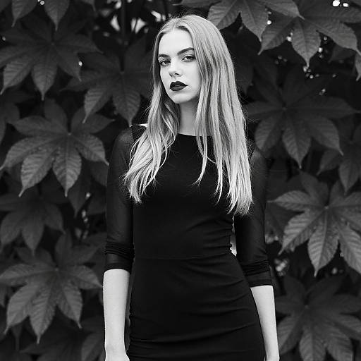 Elegant Blonde Woman in Black Dress with Leafy Background Black and White Portrait