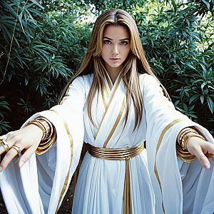 Elegant Woman in White and Gold Robe Amidst Lush Greenery