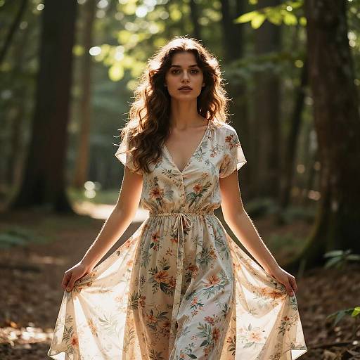 Young Woman in Flowing Floral Dress in Sunlit Forest