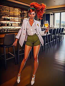 Confident Woman with Red Hair in Chic Outfit at Modern Bar