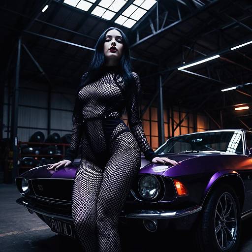 Edgy Woman in Fishnet Bodysuit Posing with Vintage Purple Muscle Car in Industrial Setting