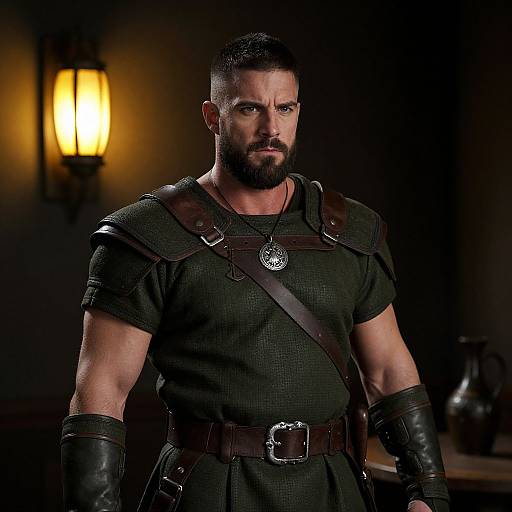 Medieval Warrior Man in Leather Armor with Pendant Necklace