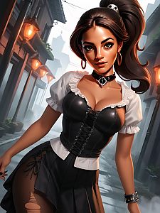 Gothic Fantasy Woman in Leather Corset on Foggy Street Digital Art