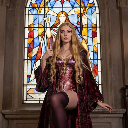 Woman in Medieval Corset and Velvet Cloak in Front of Stained Glass Window