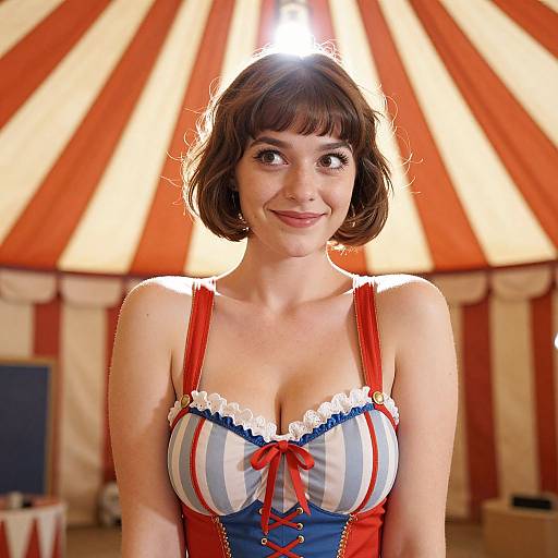 Young Woman in Vintage Circus Costume Inside Tent