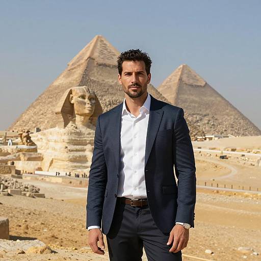 Man in Navy Suit in Front of Great Sphinx and Pyramids of Giza