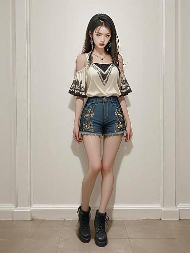 Realistic Full Body Shot of Woman in Casual Boho Sleeveless Top and Embroidered Denim Shorts