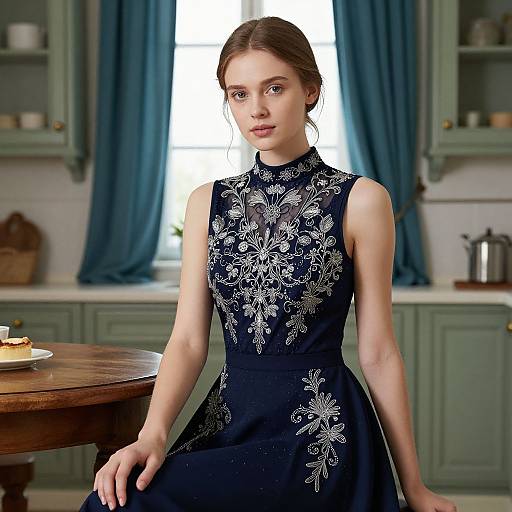 Elegant Navy Blue Embroidered Dress Worn by Woman in Vintage Kitchen