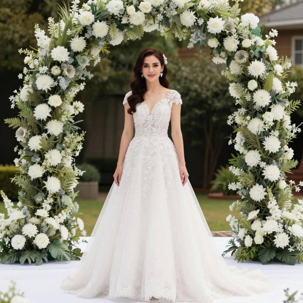Elegant Woman in Wedding Dress Standing Under Floral Archway in Outdoor Setting