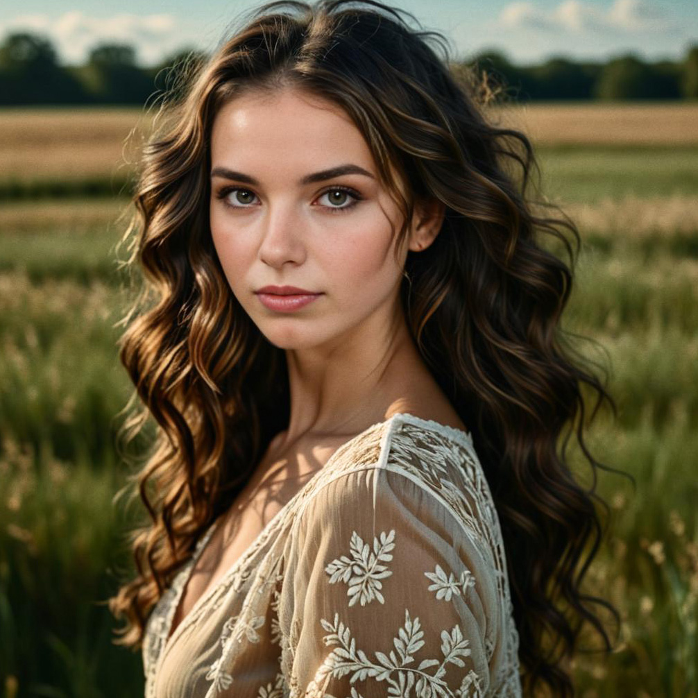 Close-up portrait of a young woman in a lush field