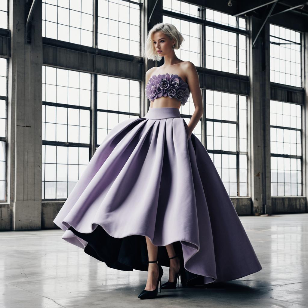 Elegant Lavender Haute Couture Dress with Floral Bandeau in Industrial Loft
