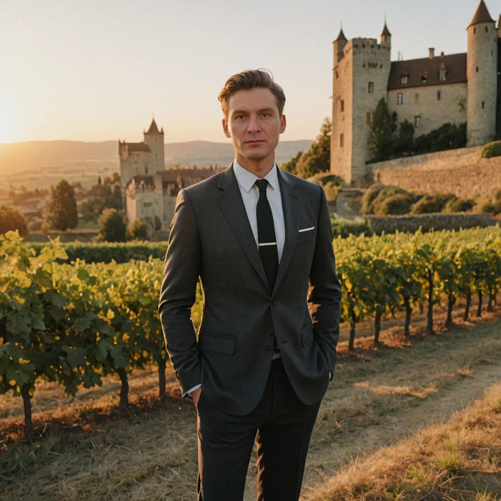 Confident Man in Suit at Vineyard with Castle