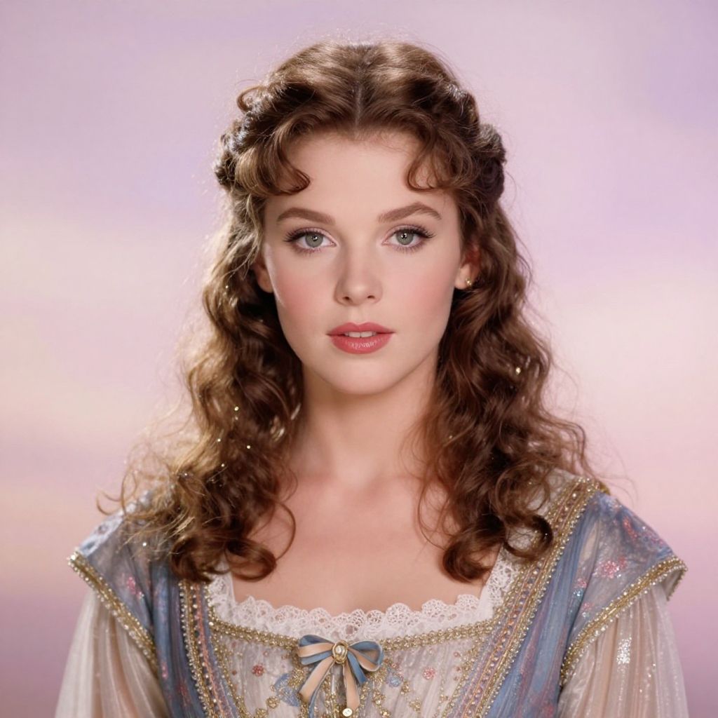 Portrait of Woman in Vintage Historical Costume with Soft Curls and Pastel Background