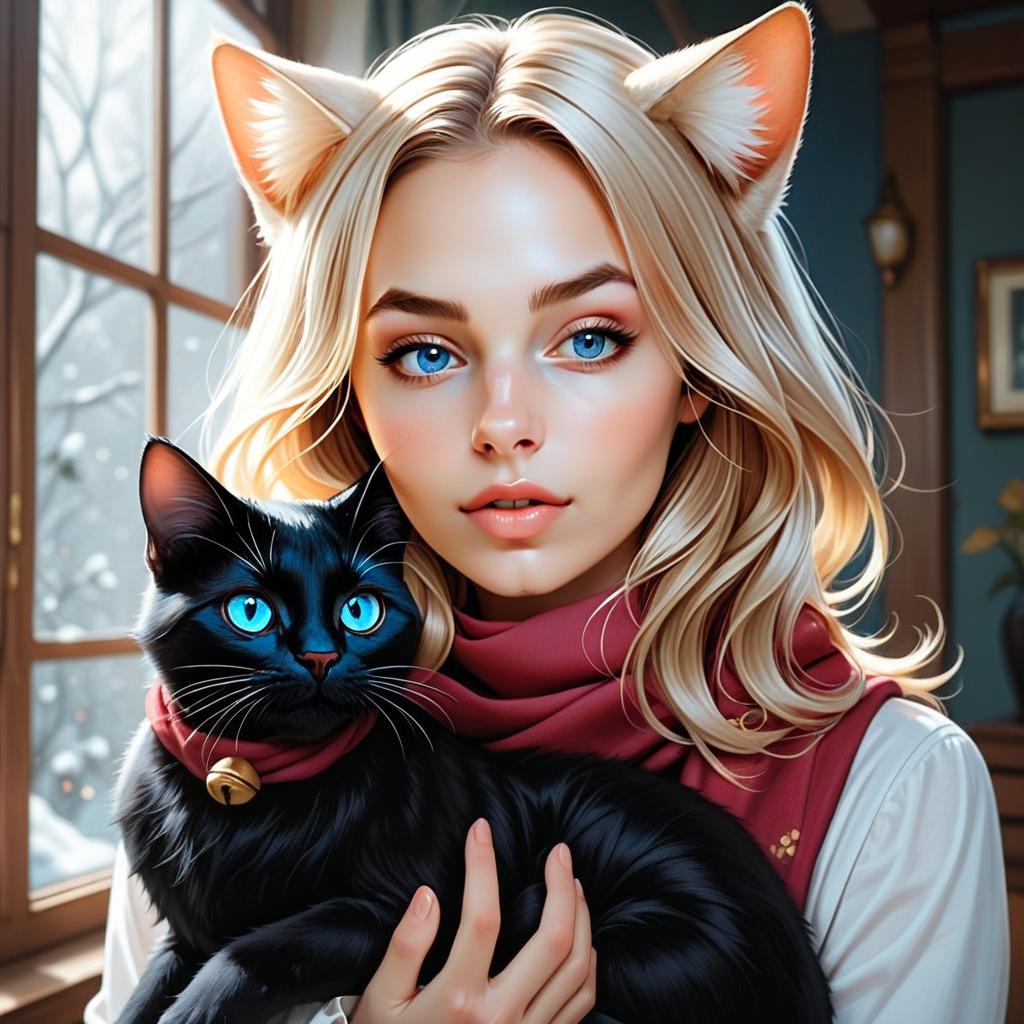 Blonde Woman with Cat Ears and Black Cat