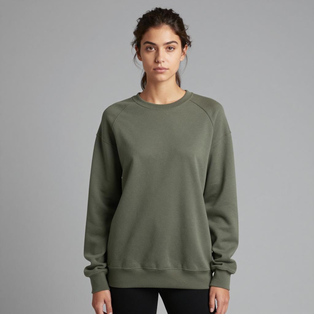 Young Woman Wearing Olive Green Sweatshirt on Gray Background
