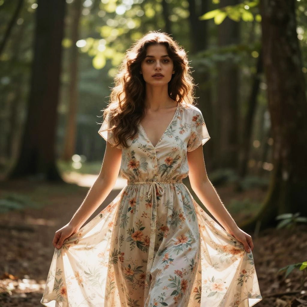Young Woman in Flowing Floral Dress in Sunlit Forest