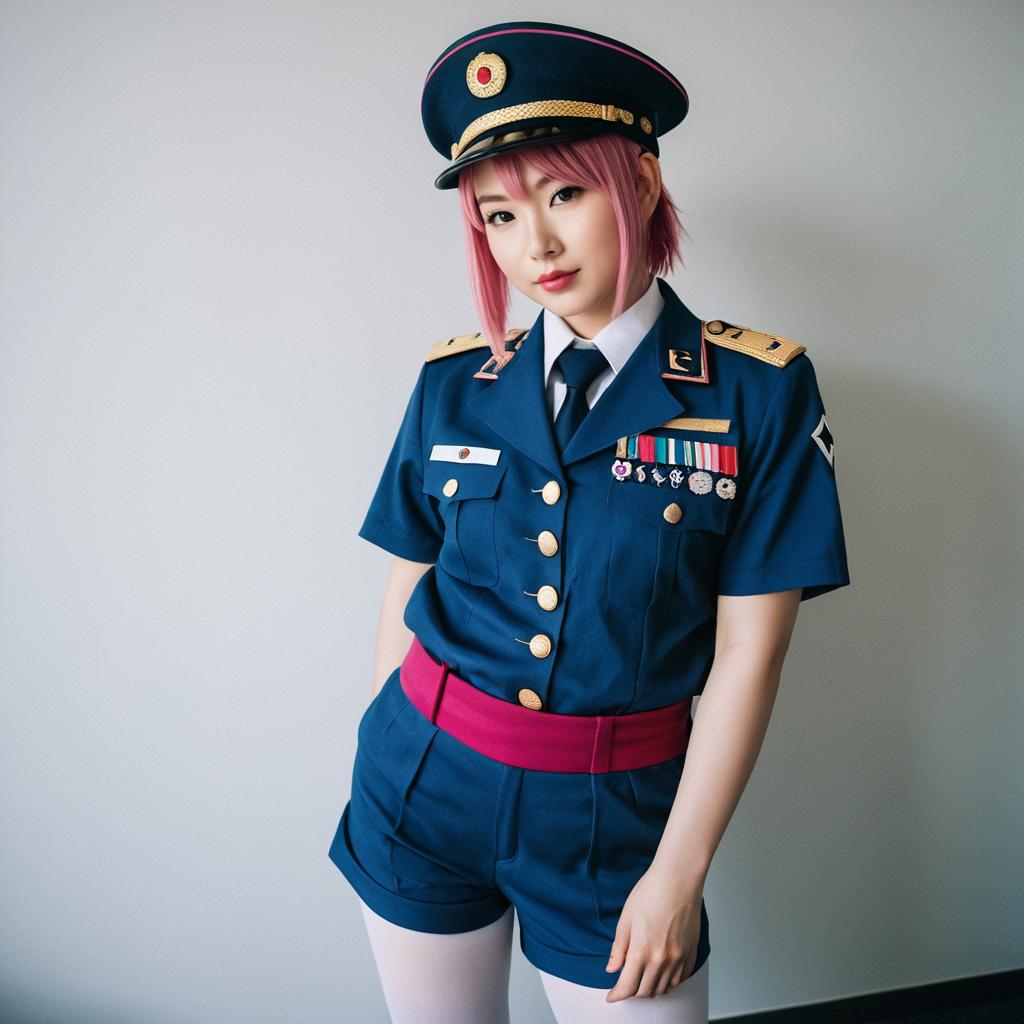 Woman in Blue Military Style Uniform with Pink Hair and Medals