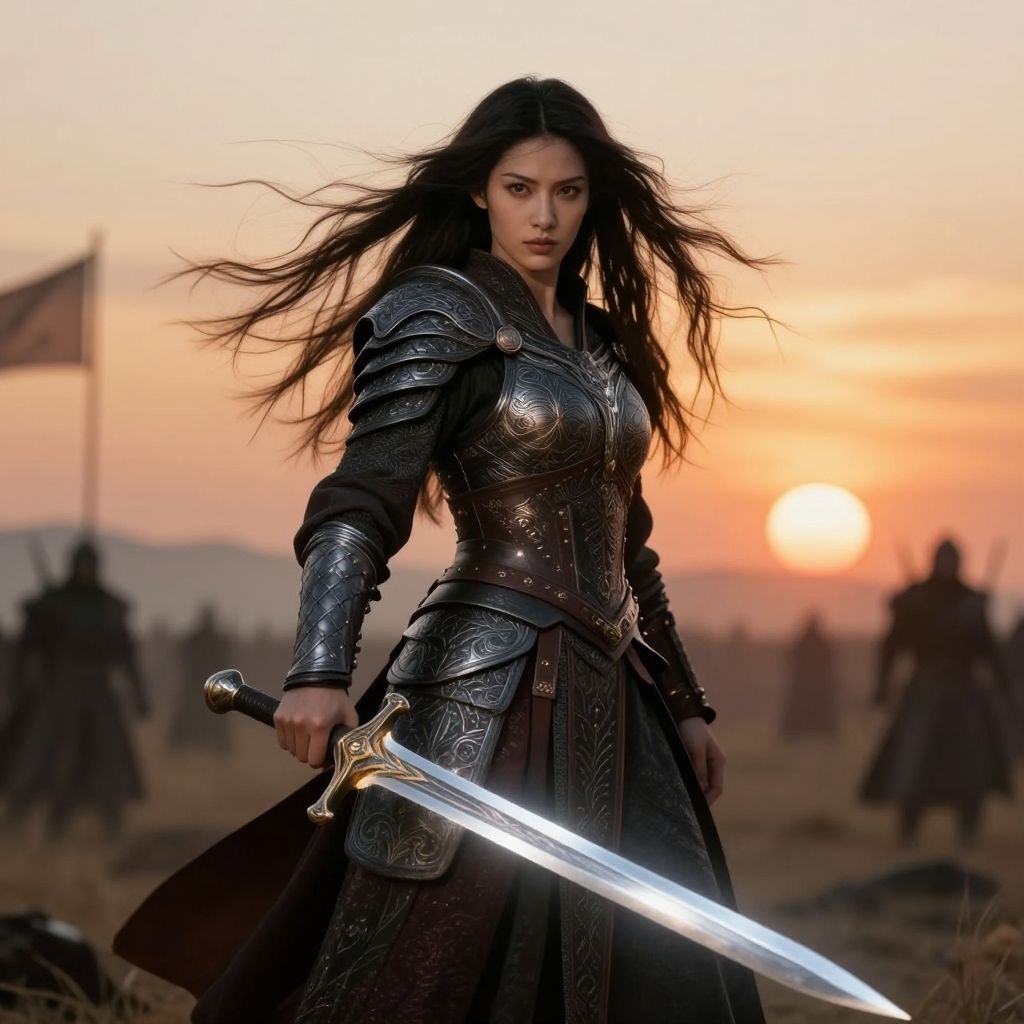 Medieval Woman Warrior in Detailed Armor Holding Sword at Sunset