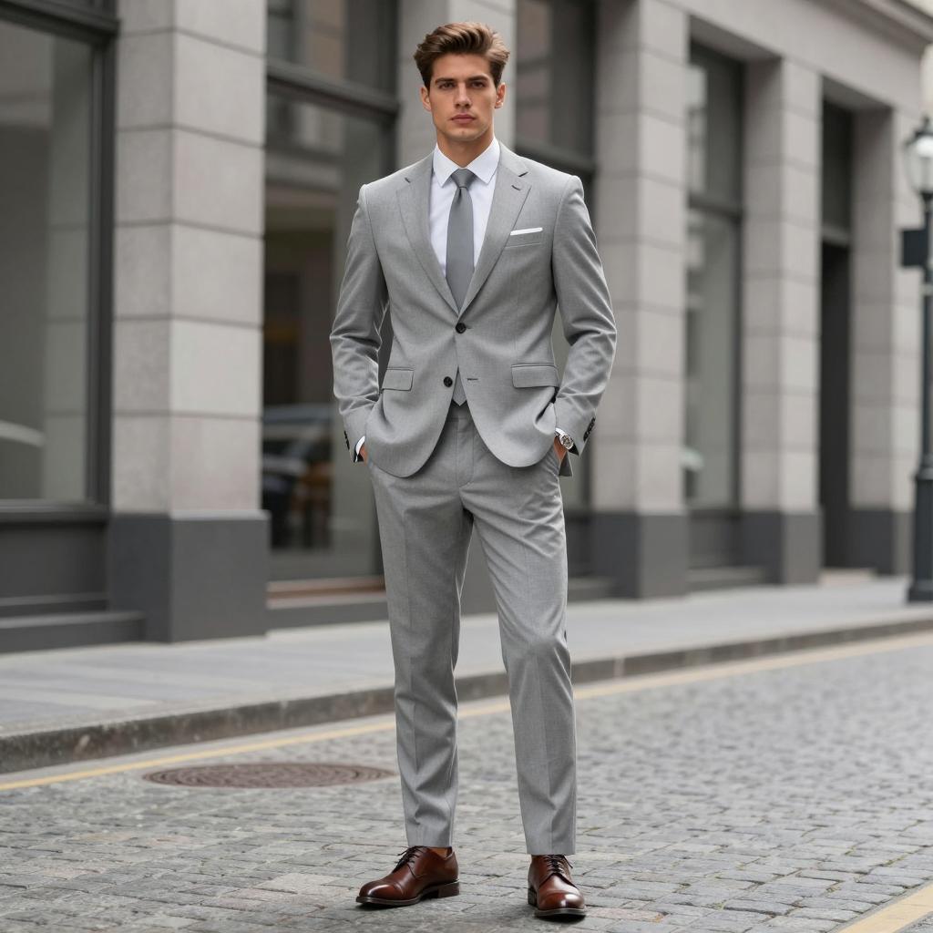 Man in Tailored Light Gray Suit on Urban Street