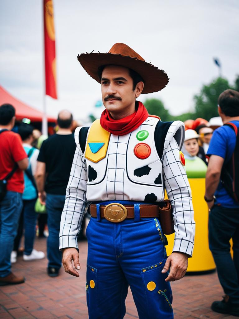 Man in Woody Toy Story Costume at Cosplay Festival Portrait Cinematic Realism