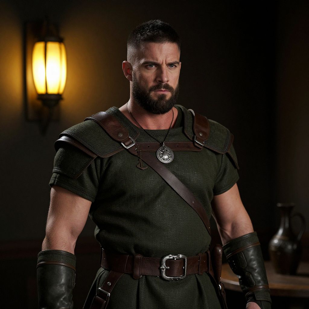 Medieval Warrior Man in Leather Armor with Pendant Necklace