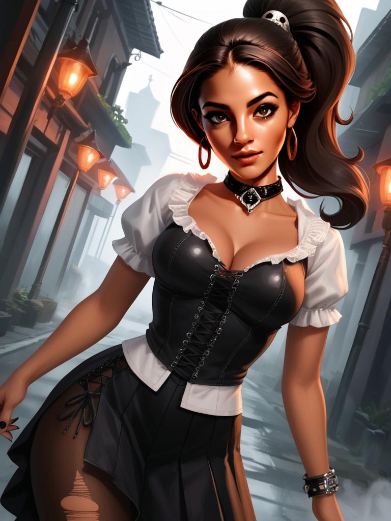Gothic Fantasy Woman in Leather Corset on Foggy Street Digital Art