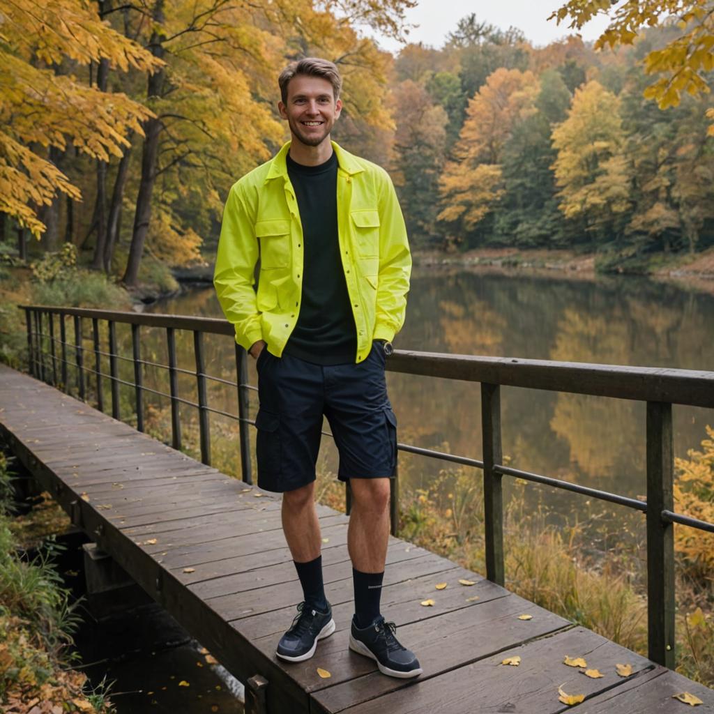 Cheerful man in lime green jacket on wooden bridge in autumn