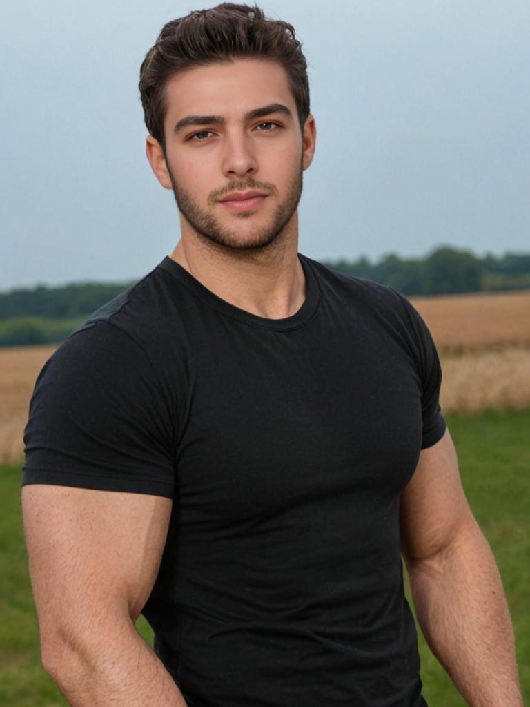 Confident young man in black t-shirt outdoors