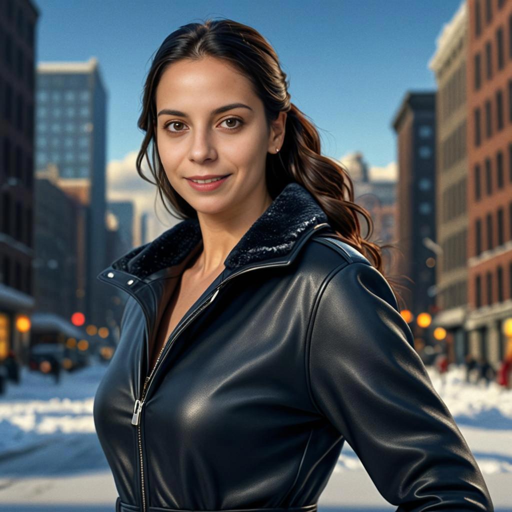 Confident Woman in Black Leather Jacket in Snowy Urban Setting