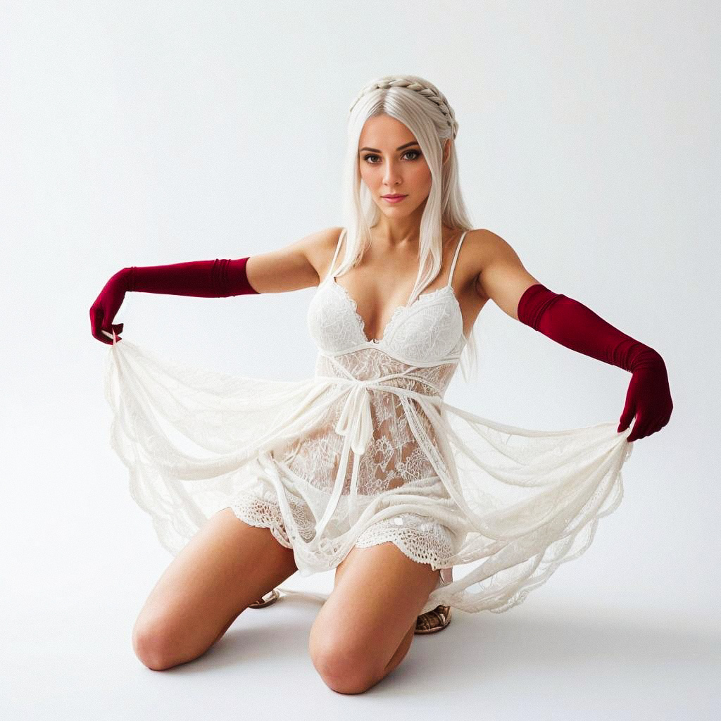 Woman in white lace dress with red gloves Woman in white lace dress with red gloves