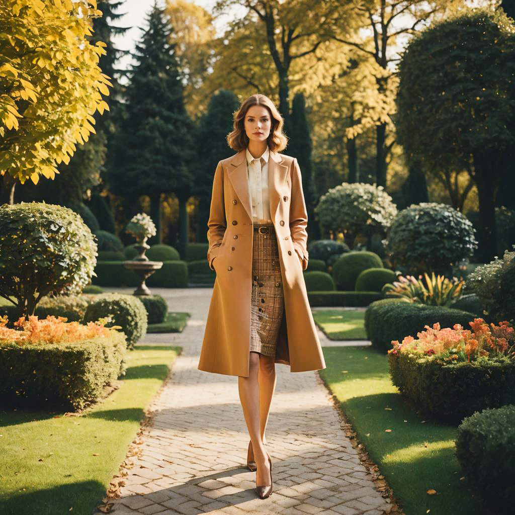 Stylish Woman in Autumn Garden Path