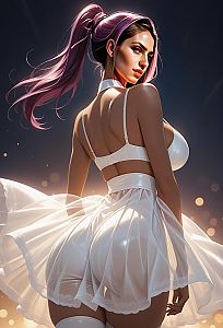 Confident Woman with Pink Hair in Glossy White Outfit