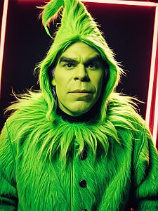 Man Wearing Detailed Grinch Costume in Neon Light Studio