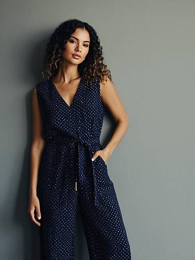 Elegant Woman in Navy Blue Polka Dot Jumpsuit Fashion Portrait