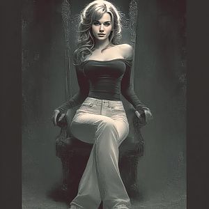 Confident Woman Sitting on Ornate Throne in Vintage Monochrome Style