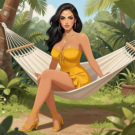 Young Woman in Yellow Dress Sitting on Hammock in Tropical Garden Digital Art