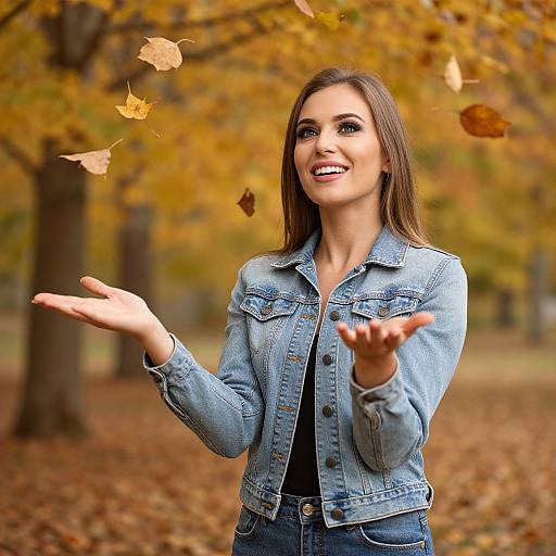 Young Woman Enjoying Autumn Leaves in Denim Jacket