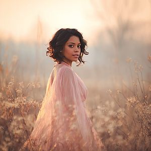 Young woman in flowing pink garment surrounded by wildflowers