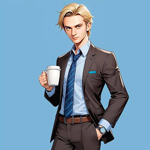 Anime Style Young Man in Business Suit Holding Coffee Cup