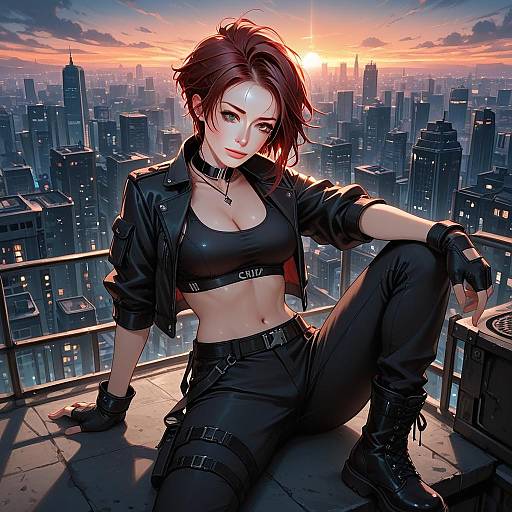 Cyberpunk Woman in Black Leather on City Rooftop at Sunset Digital Illustration