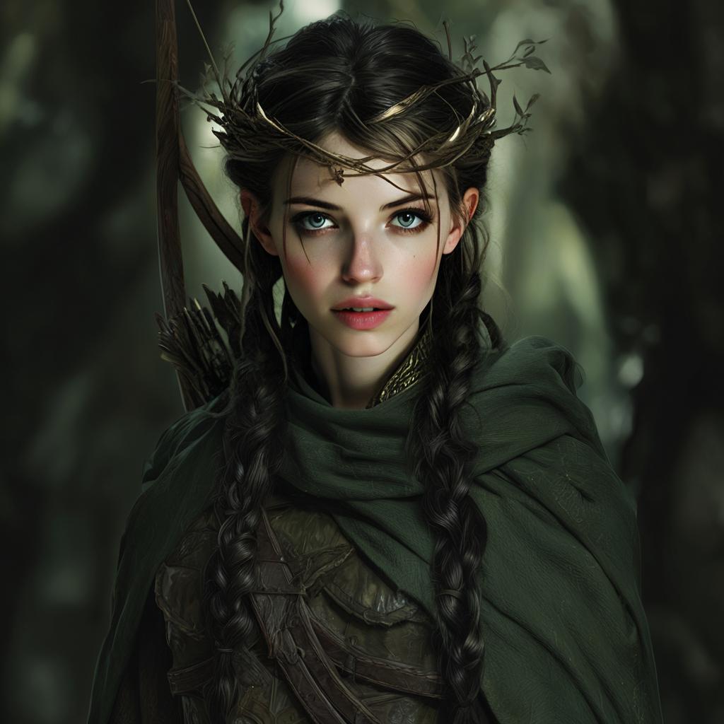 Fantasy Young Woman in Medieval Forest Attire with Twigs Crown