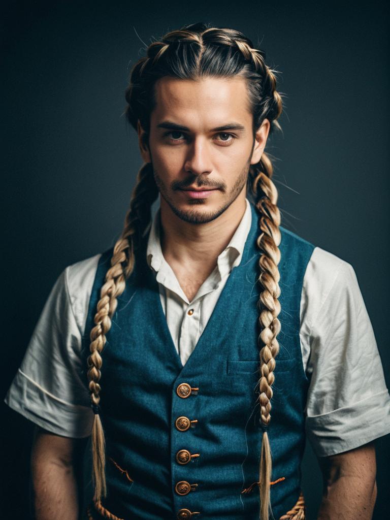 Man in Braided Hairstyle Wearing Vintage Vest Professional Cosplay Portrait