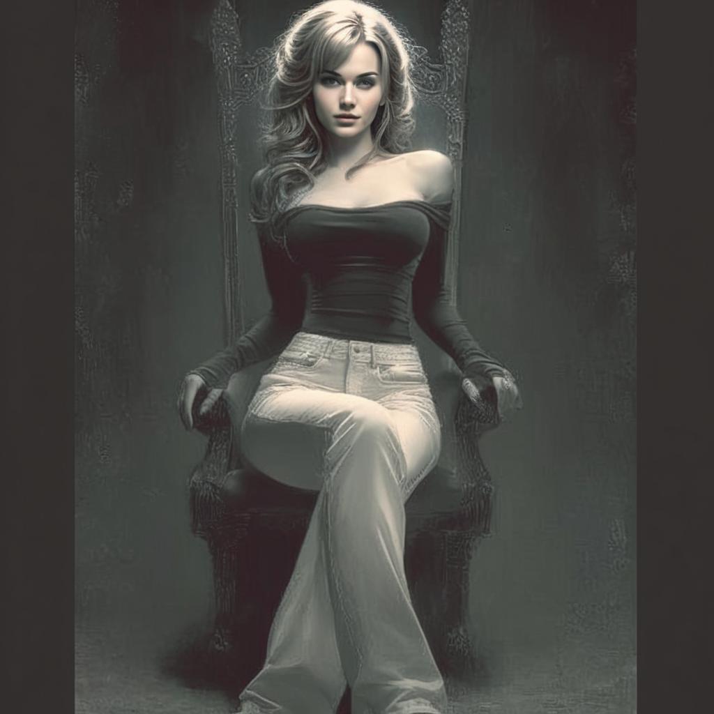Confident Woman Sitting on Ornate Throne in Vintage Monochrome Style