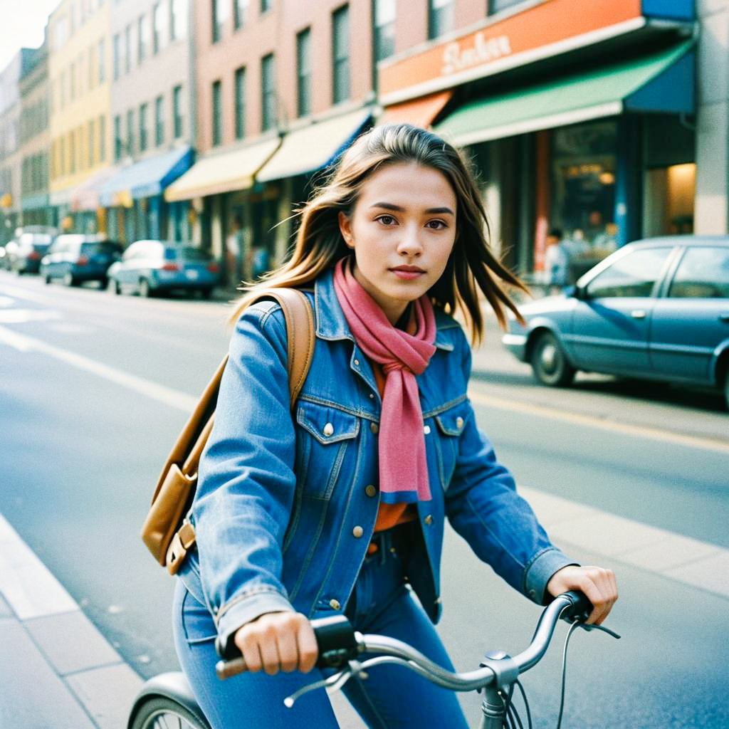 Young Woman Biking in Urban Street with Denim Jacket