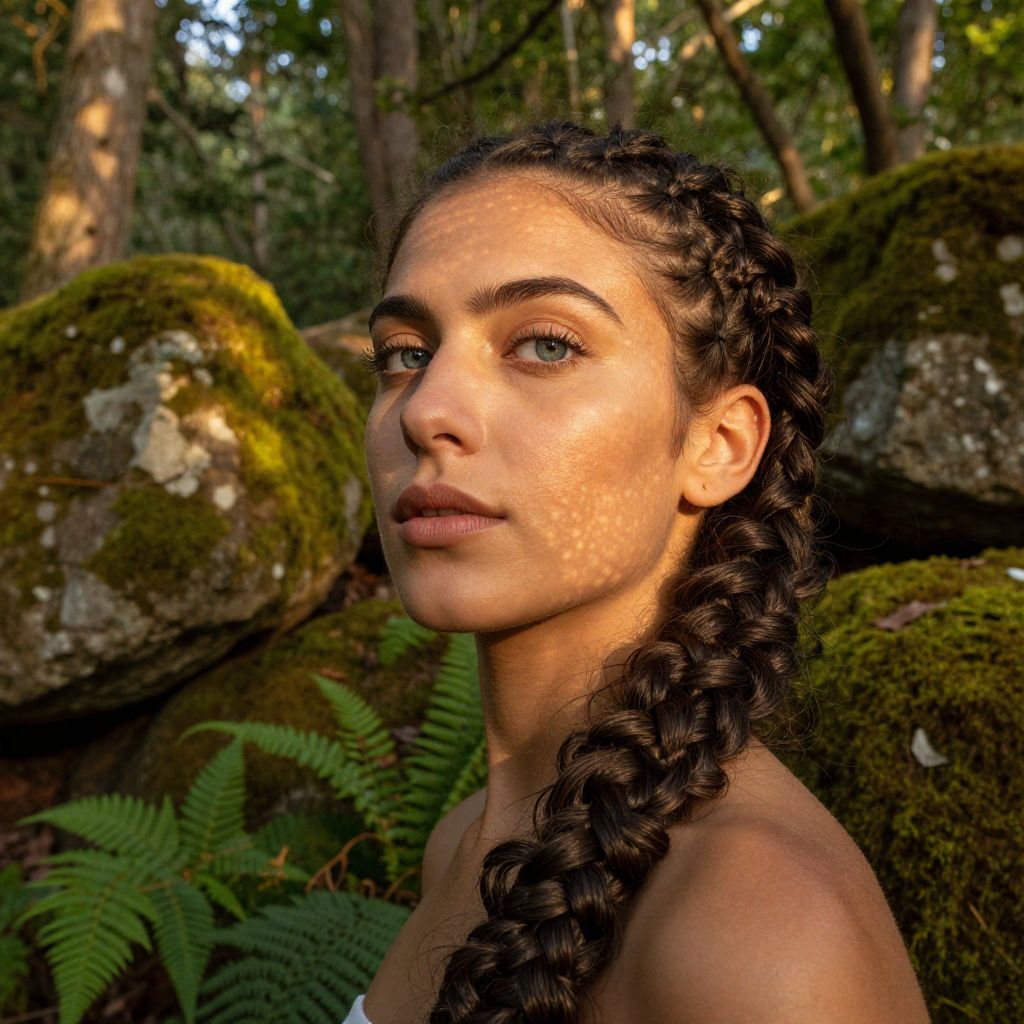 Portrait of Woman with Braided Hair in Forest Nature Setting