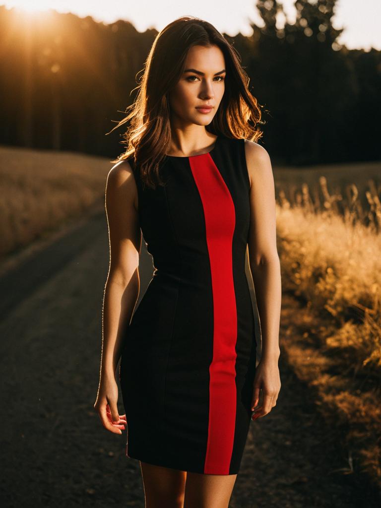 Woman Wearing Chic Red and Black Color Block Sleeveless Dress Outdoors