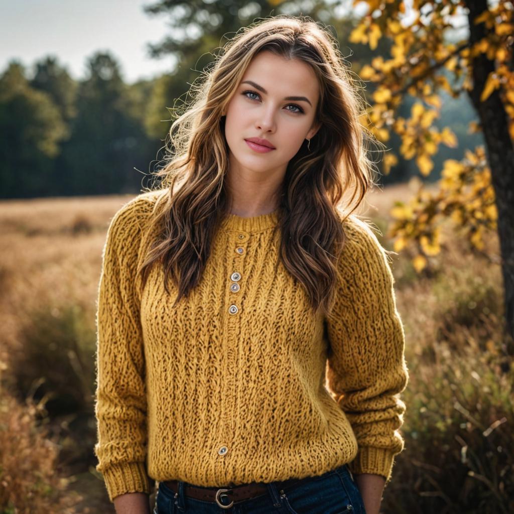 Casual Woman Outdoors in Mustard Yellow Sweater and Dark Jeans