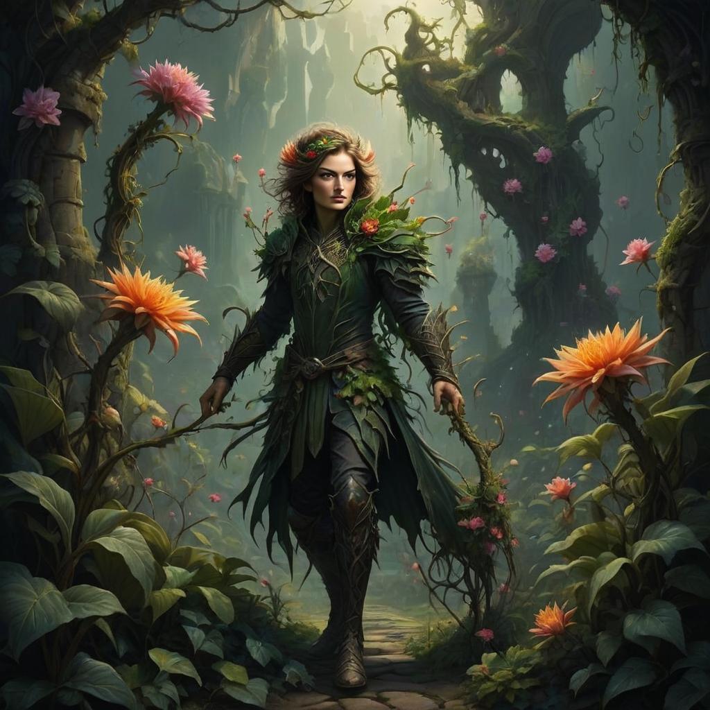 Woman in Leaf Armor in Enchanted Forest
