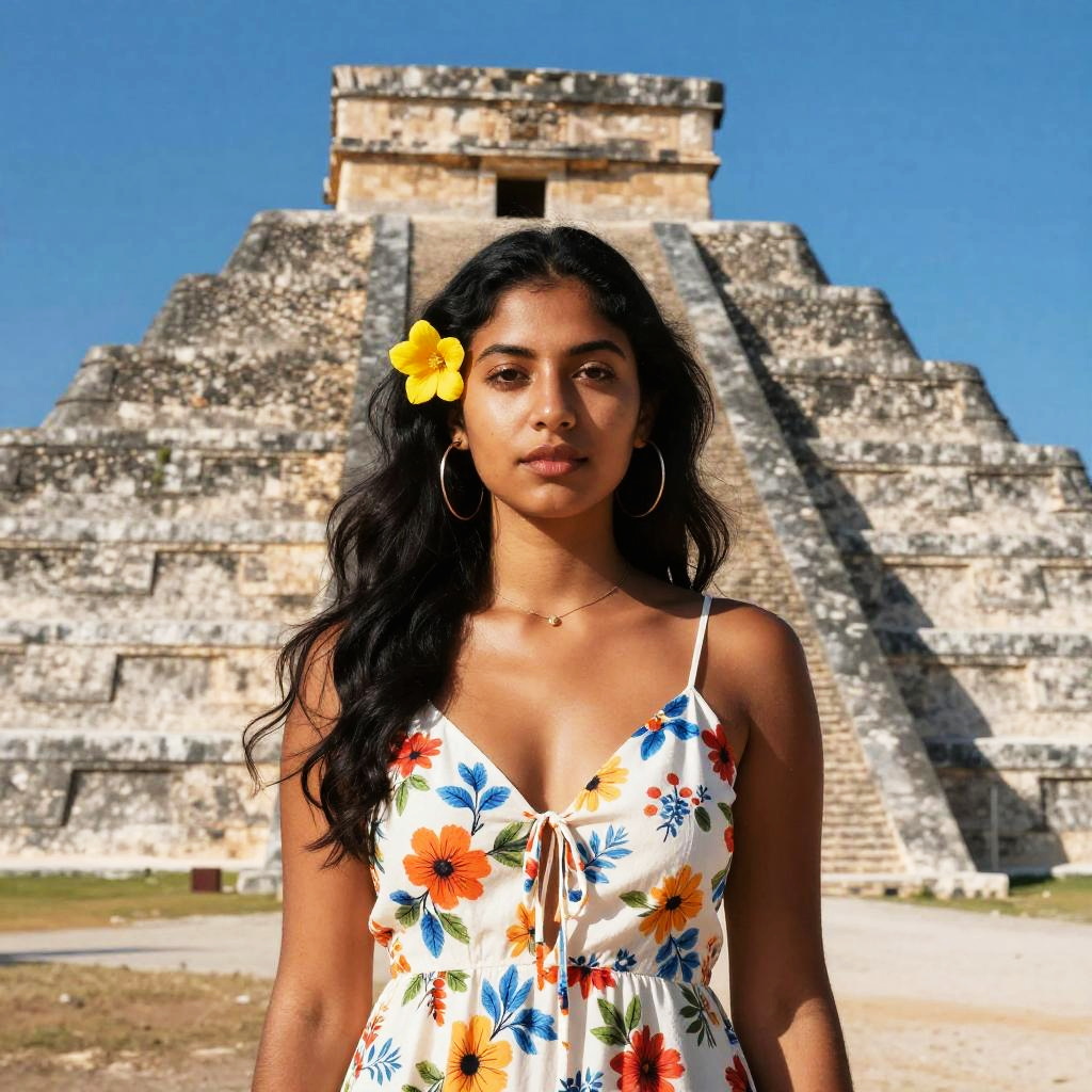 Young Woman in Floral Dress at Chichen Itza Mayan Pyramid